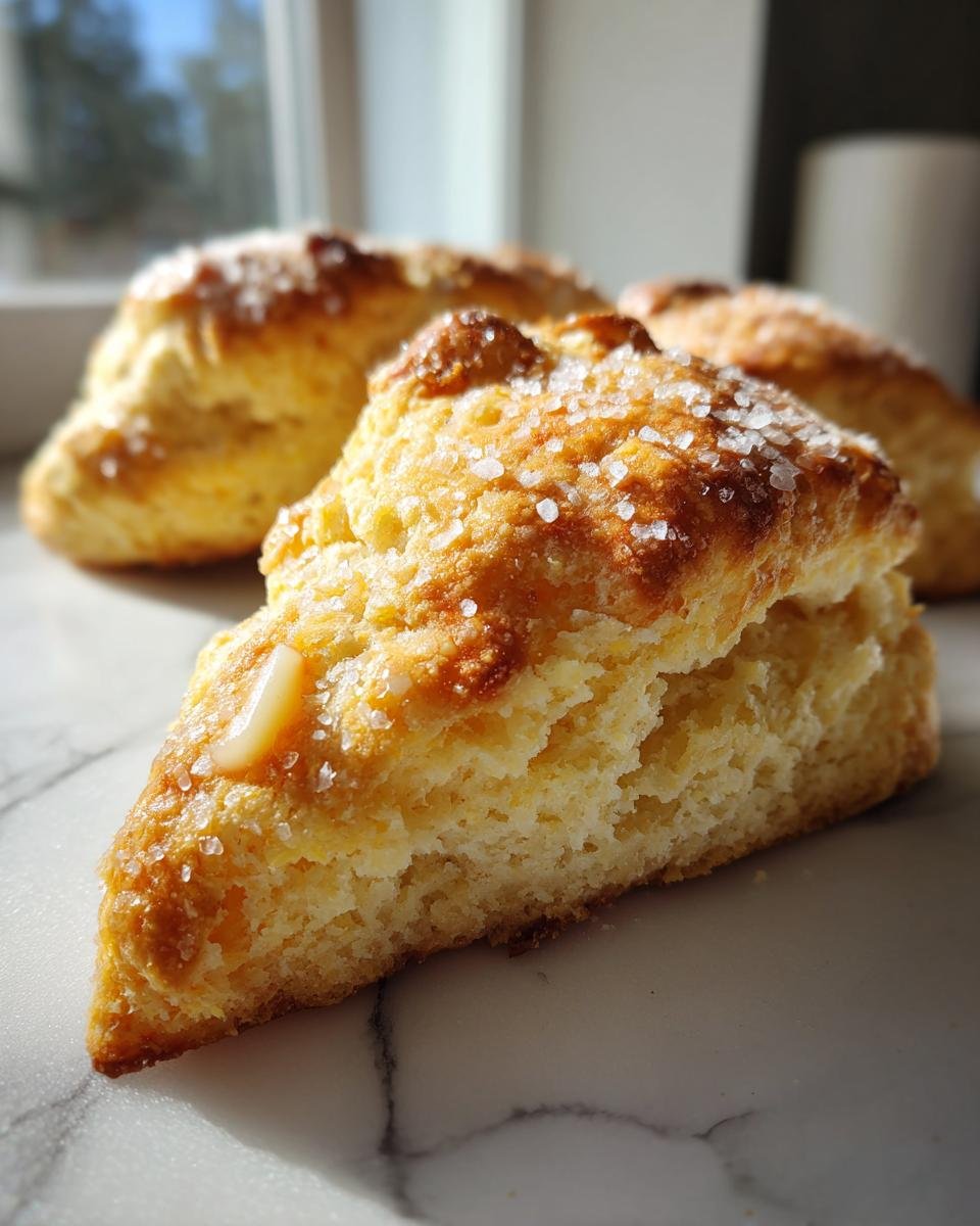 Nahaufnahme eines dreieckigen Scones mit grobem Zuckerguss, der zu den Festive Peppermint White Chocolate Scones geh&ouml;rt.