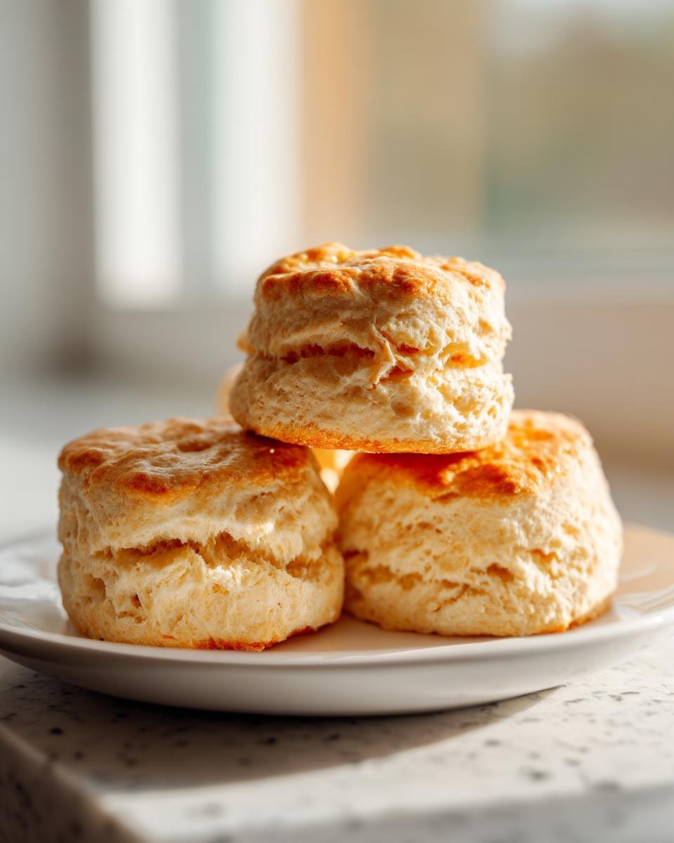 Drei goldbraun gebackene, fluffige Orange Chai Scones auf einem wei&szlig;en Teller.