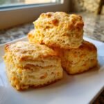 Drei gestapelte, fluffige Orange Chai Scones mit goldbrauner Kruste auf einem wei&szlig;en Teller.