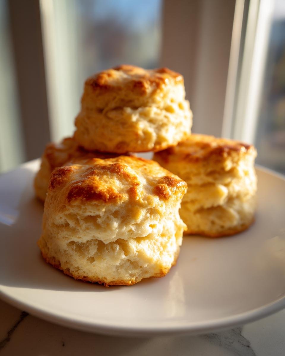 Nahaufnahme von fluffigen Orange Chai Scones, gestapelt auf einem wei&szlig;en Teller im Gegenlicht.