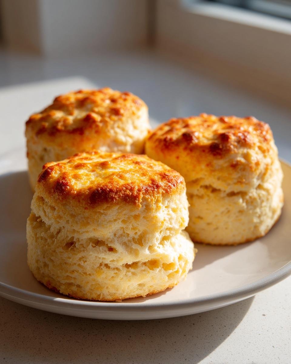 Drei fluffige Orange Chai Scones mit goldbrauner Kruste auf einem hellen Teller.
