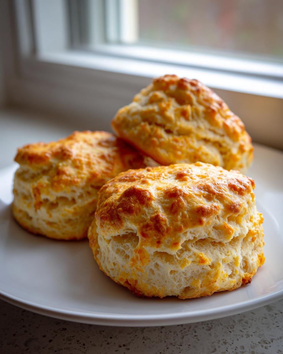 Drei goldbraun gebackene, fluffige Orange Chai Scones auf einem wei&szlig;en Teller.