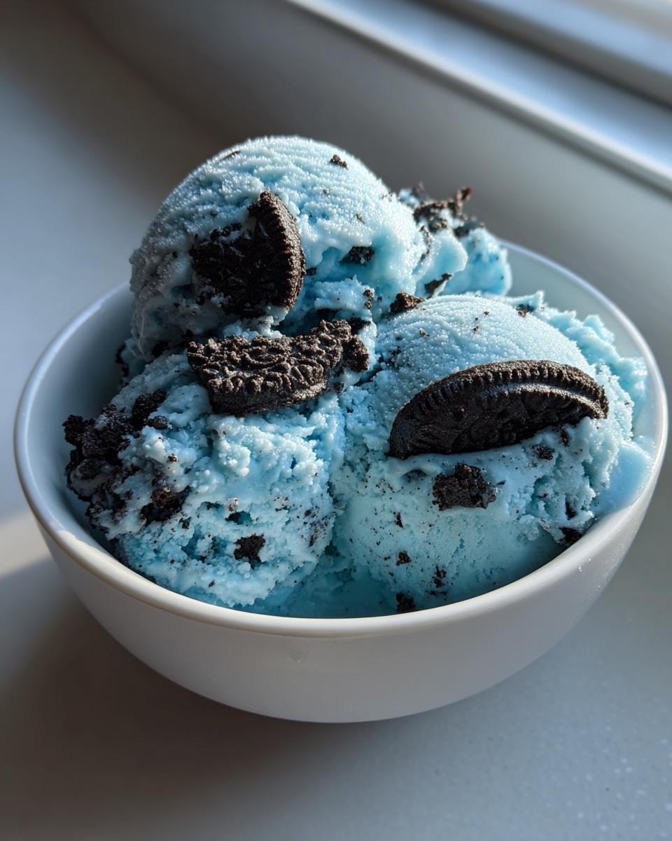 Drei Kugeln blaues Fun Cookie Monster Ice Cream mit dunklen Keksst&uuml;cken in einer wei&szlig;en Schale.