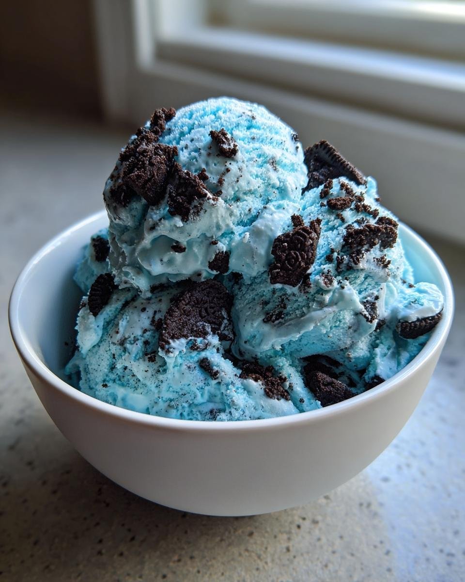 Nahaufnahme von blauem Fun Cookie Monster Ice Cream mit Schokoladenkeksst&uuml;cken in einer wei&szlig;en Sch&uuml;ssel.