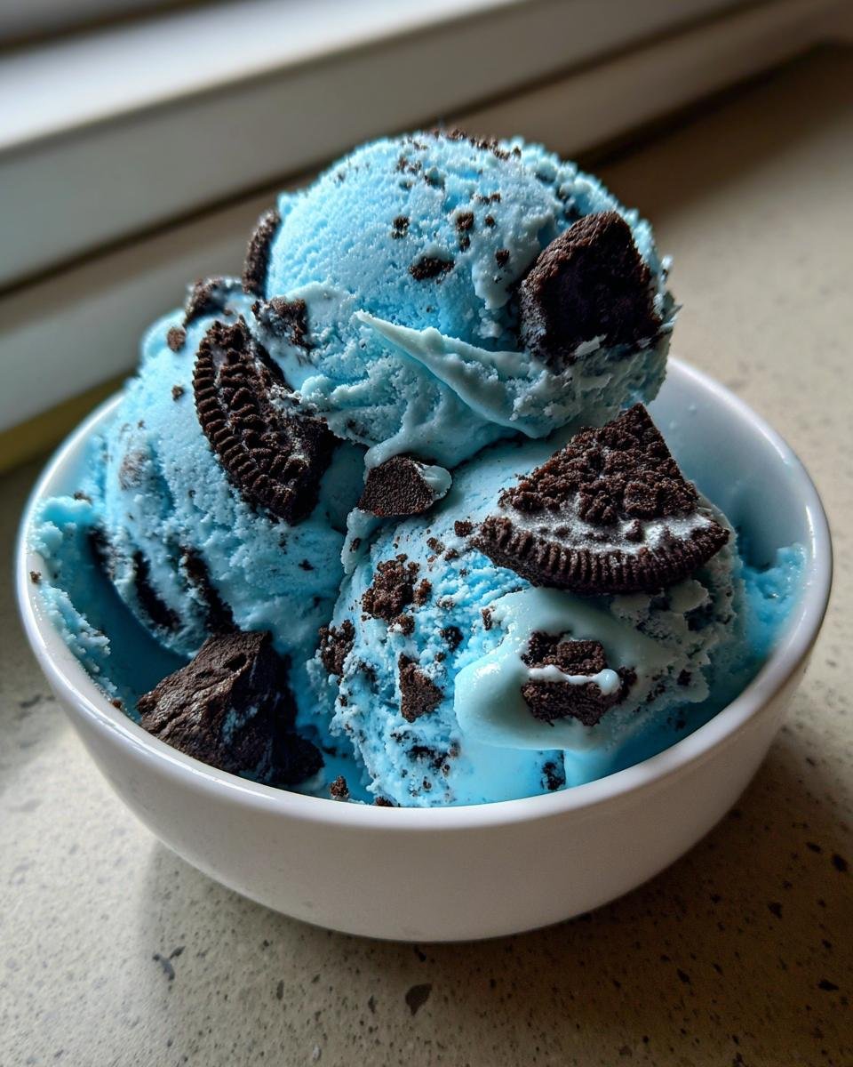 Nahaufnahme von drei Kugeln blauem Fun Cookie Monster Ice Cream mit dunklen Keksst&uuml;cken in einer wei&szlig;en Sch&uuml;ssel.