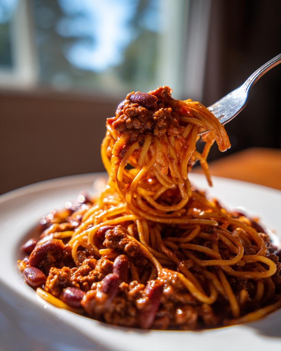 Eine Gabel voller Cowboy Spaghetti mit reichhaltiger Fleischsauce und Kidneybohnen wird aus einem wei&szlig;en Teller gehoben.