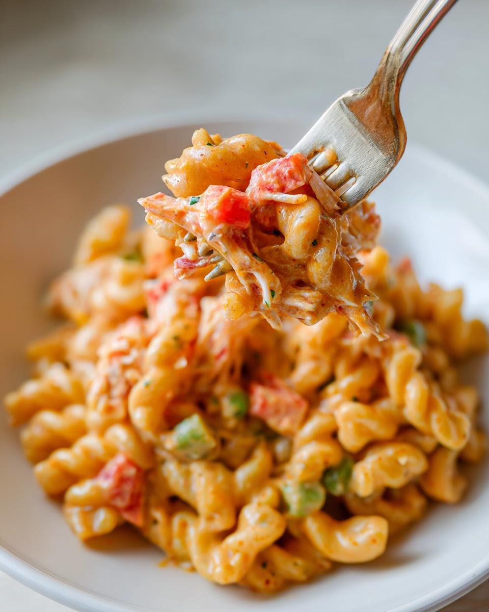 Gabel mit Creamy Cajun Crab Pasta Salad, bedeckt mit cremiger Sauce und Gem&uuml;se.