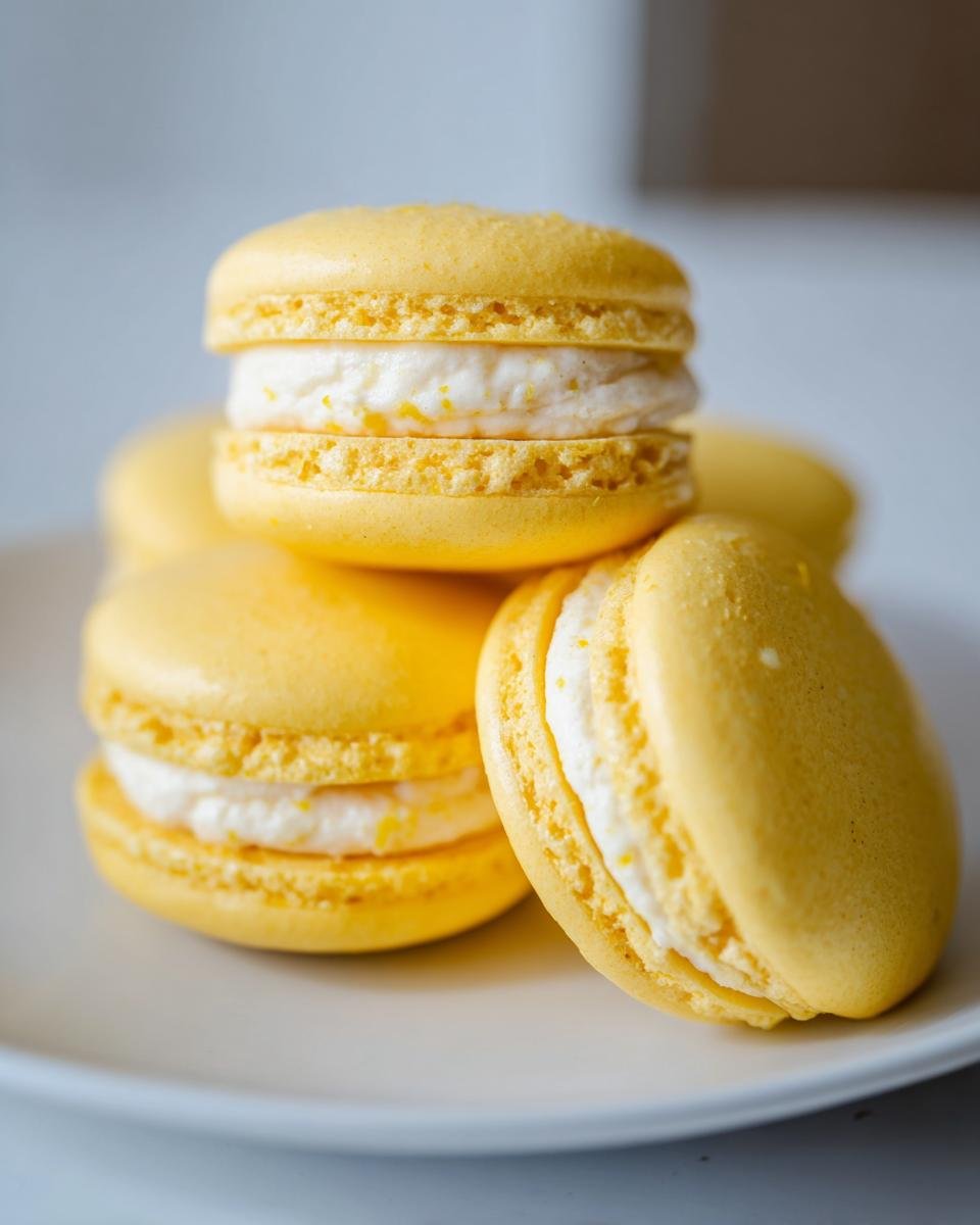 Nahaufnahme von gestapelten, gelben Delightful Lemon Macarons mit wei&szlig;er Zitronencreme-F&uuml;llung.