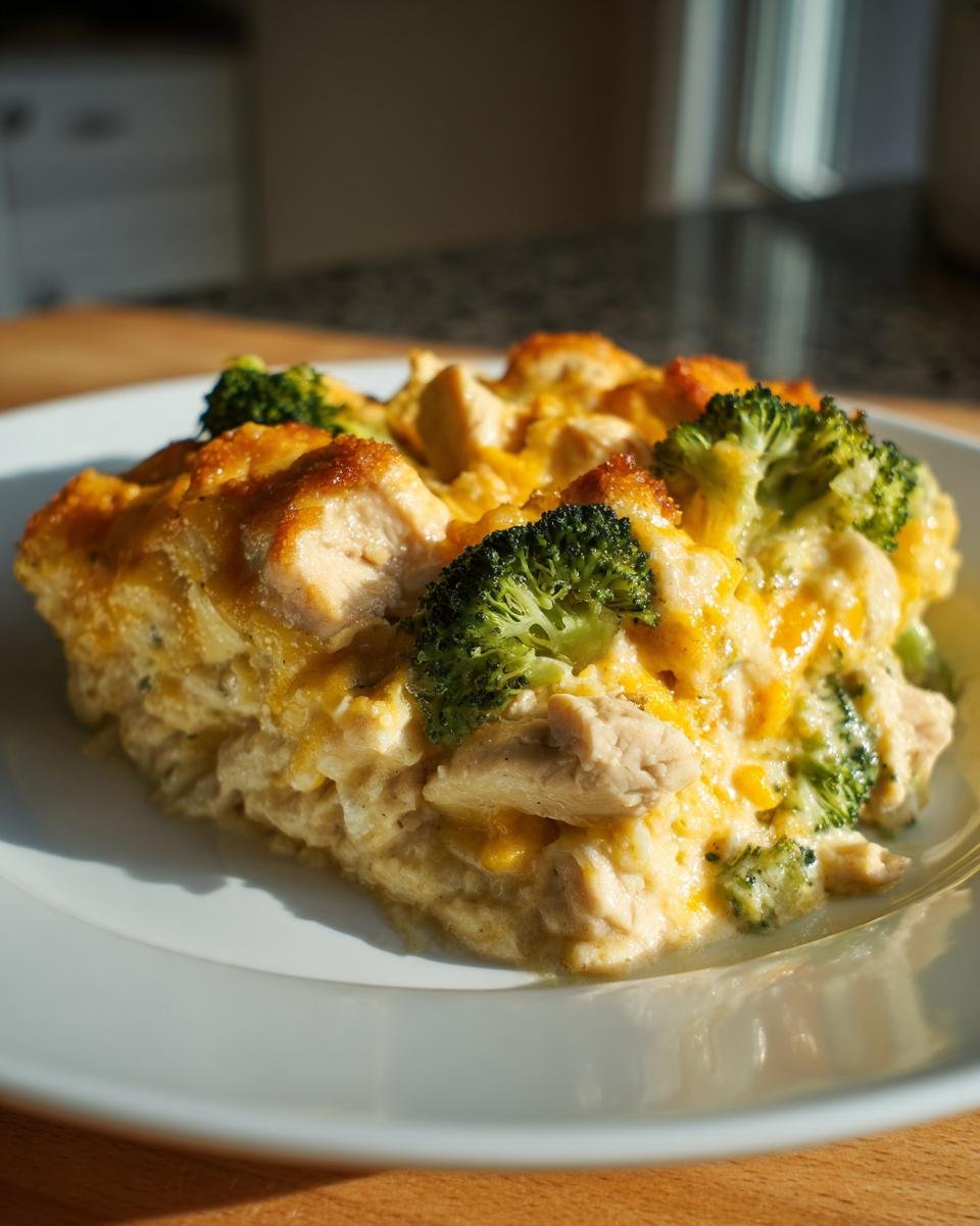 Ein St&uuml;ck des Delicious Healthier Broccoli Chicken Casserole mit geschmolzenem K&auml;se und Brokkolir&ouml;schen.