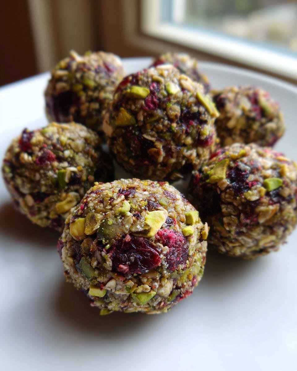Nahaufnahme von mehreren gesunden Cranberry Pistazien Energy Bites auf einem wei&szlig;en Teller.