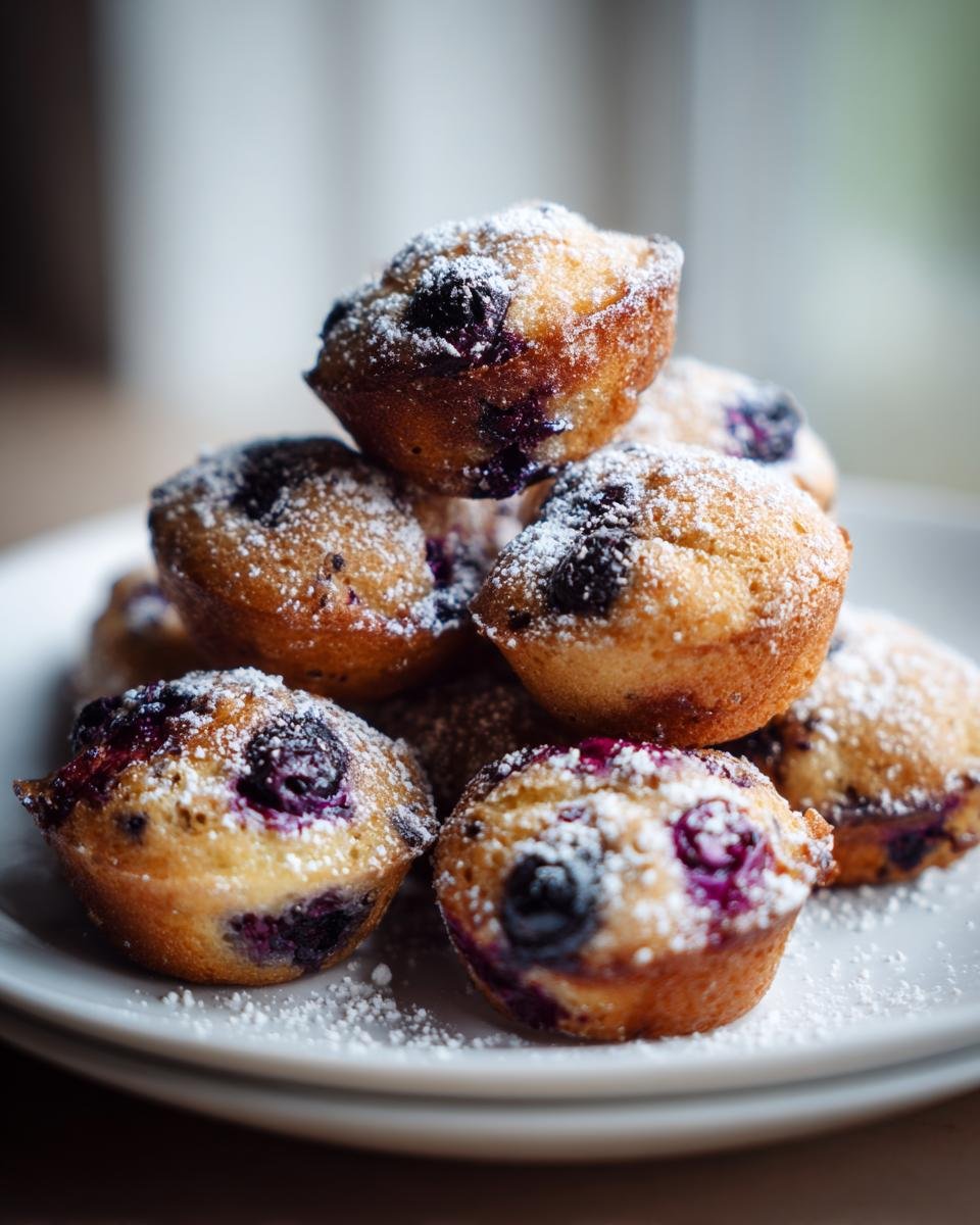 Stapel von kleinen, gebackenen Healthy Baked Blueberry Fritter Bites, best&auml;ubt mit Puderzucker.