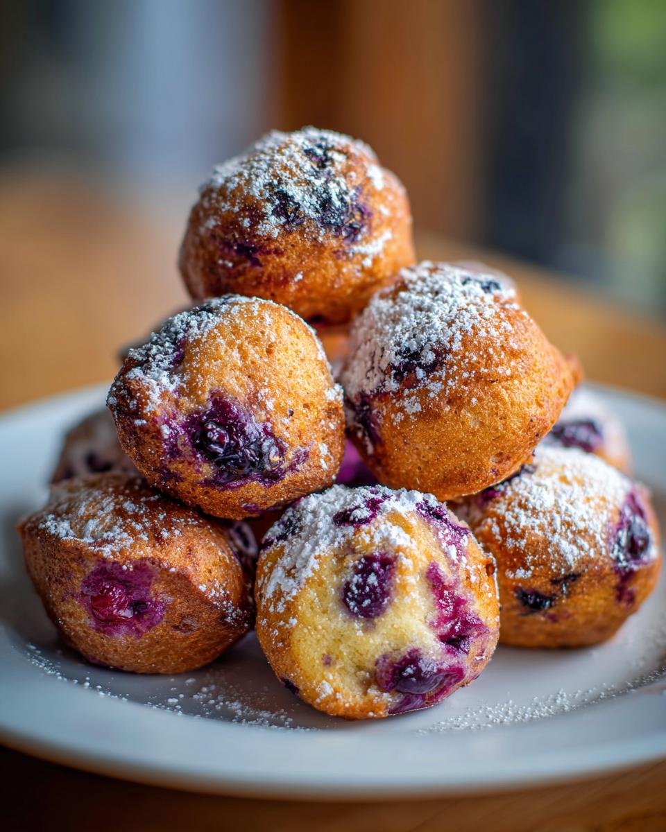 Ein Stapel goldbrauner Healthy Baked Blueberry Fritter Bites, best&auml;ubt mit Puderzucker auf einem wei&szlig;en Teller.
