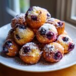 Haufen von gesunden gebackenen Blaubeer-Krapfen-Bites, best&auml;ubt mit Puderzucker auf einem wei&szlig;en Teller.