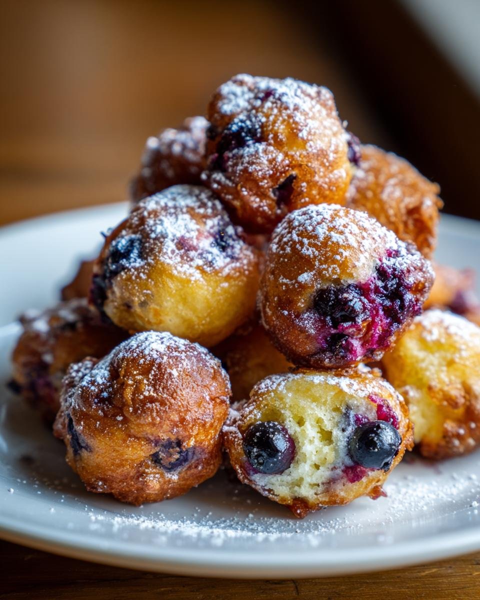 Stapel von kleinen, goldbraunen, gebackenen Heidelbeer-Krapfen-Bites, best&auml;ubt mit Puderzucker.