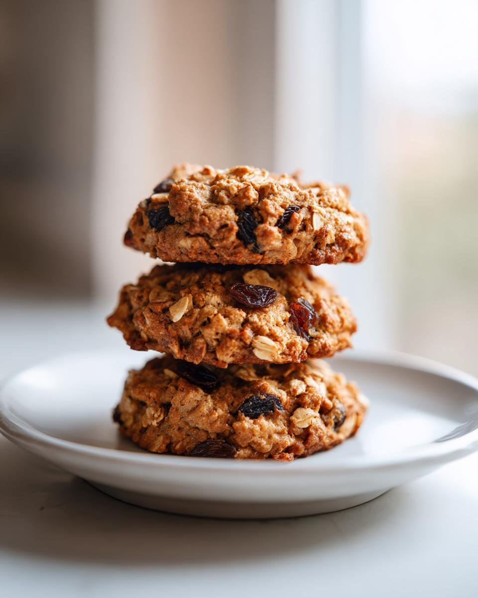 Drei gestapelte, rustikale Gesunde Haferflocken Kekse mit sichtbaren Rosinen auf einem wei&szlig;en Teller.