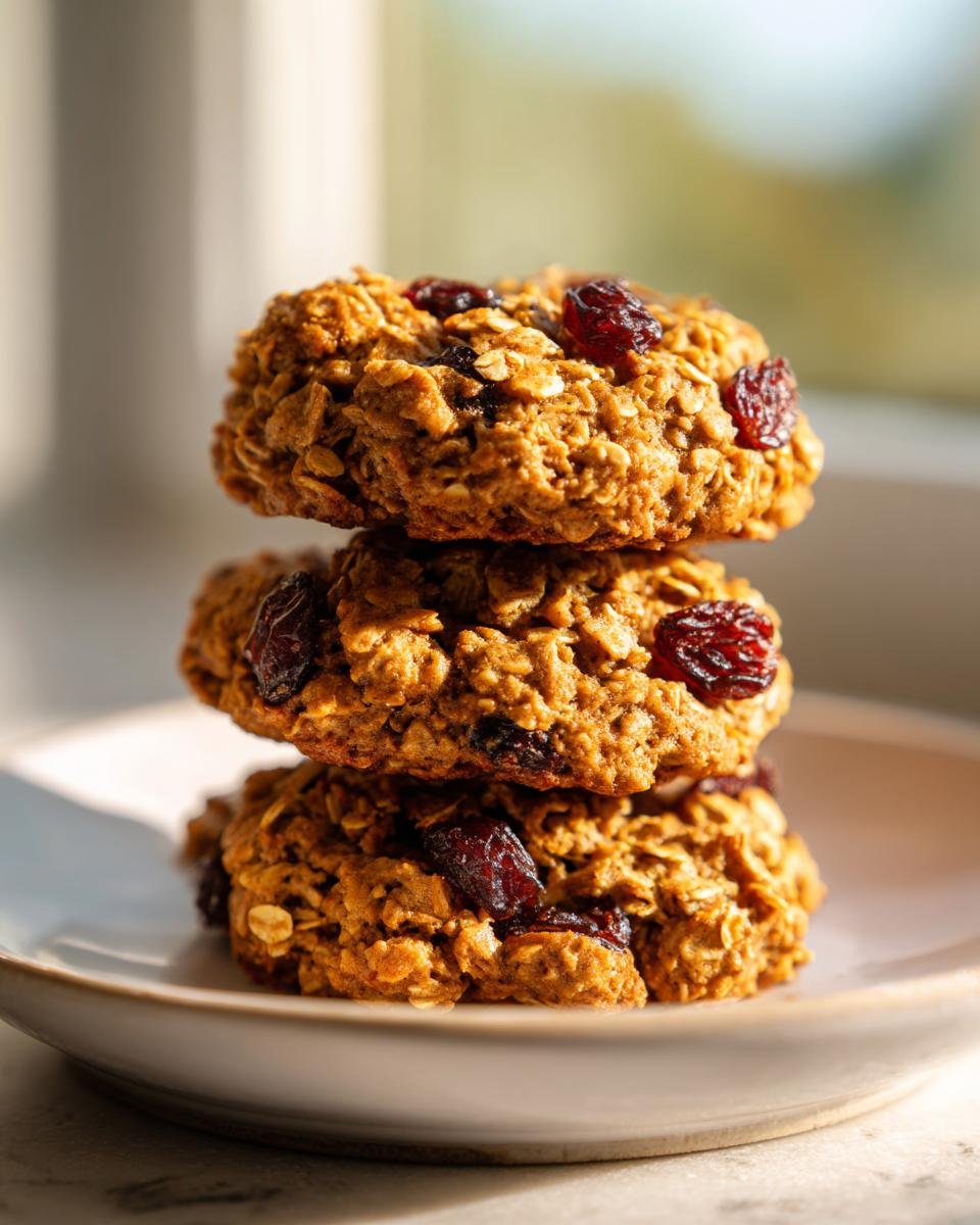 Drei gestapelte, rustikale Healthy Oatmeal Cookies mit sichtbaren Haferflocken und getrockneten Cranberrys auf einem Teller.