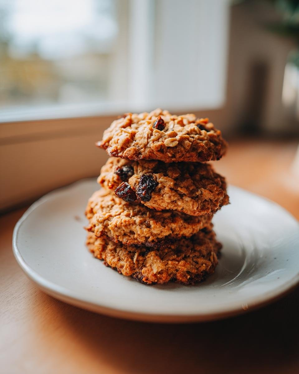 Stapel von vier saftigen, gesunden Haferflocken-Keksen mit Rosinen auf einem hellen Teller.