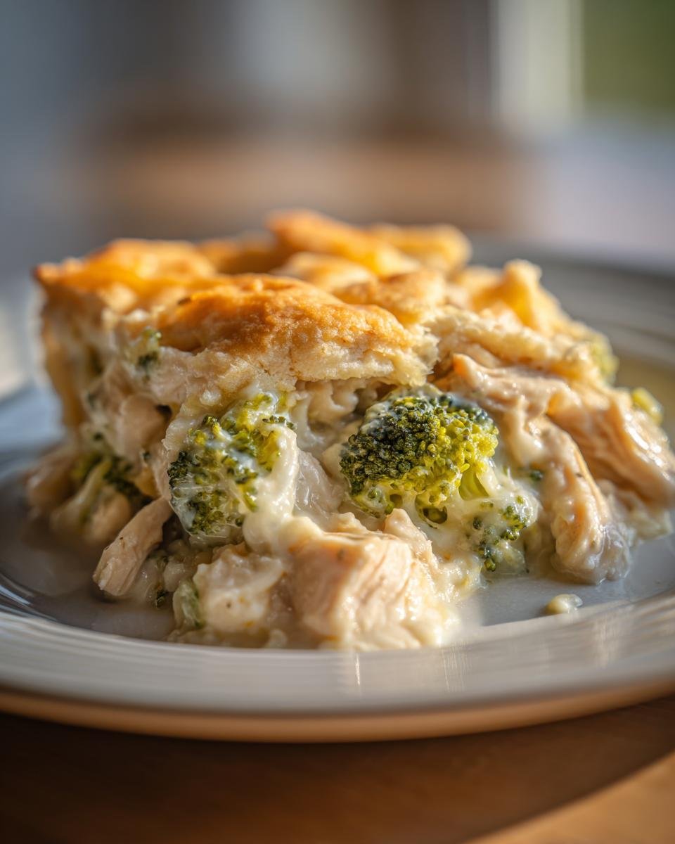 Nahaufnahme eines St&uuml;cks Delicious Healthier Broccoli Chicken Casserole mit cremiger Sauce und goldbrauner Kruste.