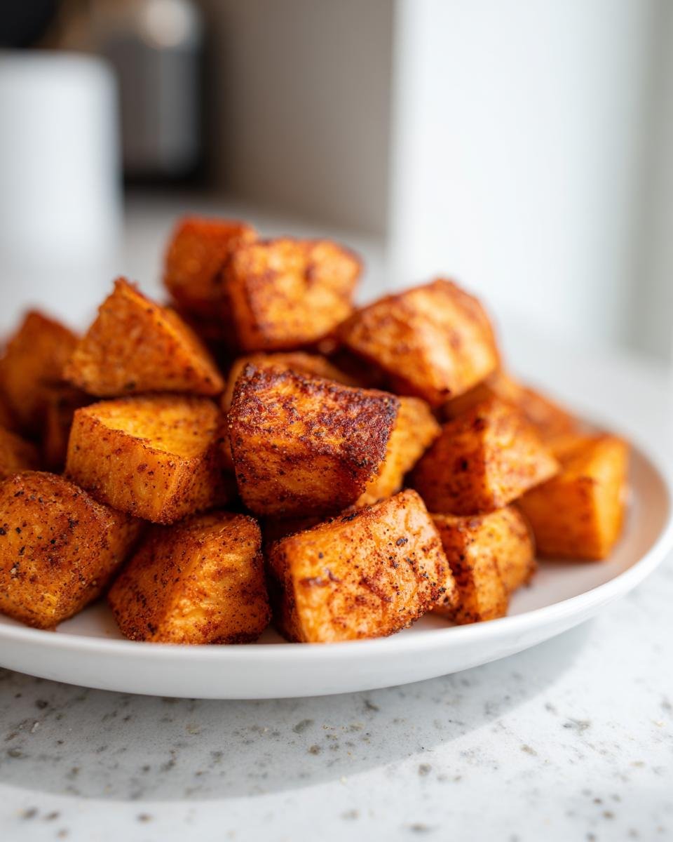 Ein Haufen goldbraun gebratener, gew&uuml;rzter S&uuml;&szlig;kartoffel-H&auml;ppchen auf einem wei&szlig;en Teller.