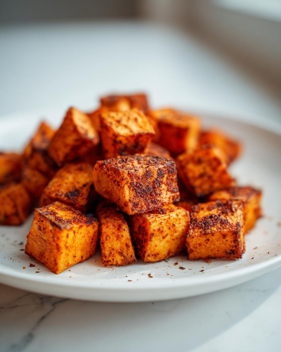 Nahaufnahme von knusprig gebratenen, gew&uuml;rzten S&uuml;&szlig;kartoffel-W&uuml;rfeln, die auf einem wei&szlig;en Teller angerichtet sind.