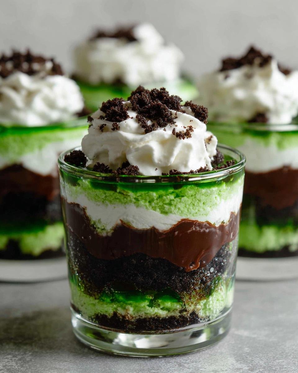 Nahaufnahme eines Ghoulishly Fun Beetlejuice Mini Trifle mit gr&uuml;nen Schichten, Schokolade und Sahnehaube.