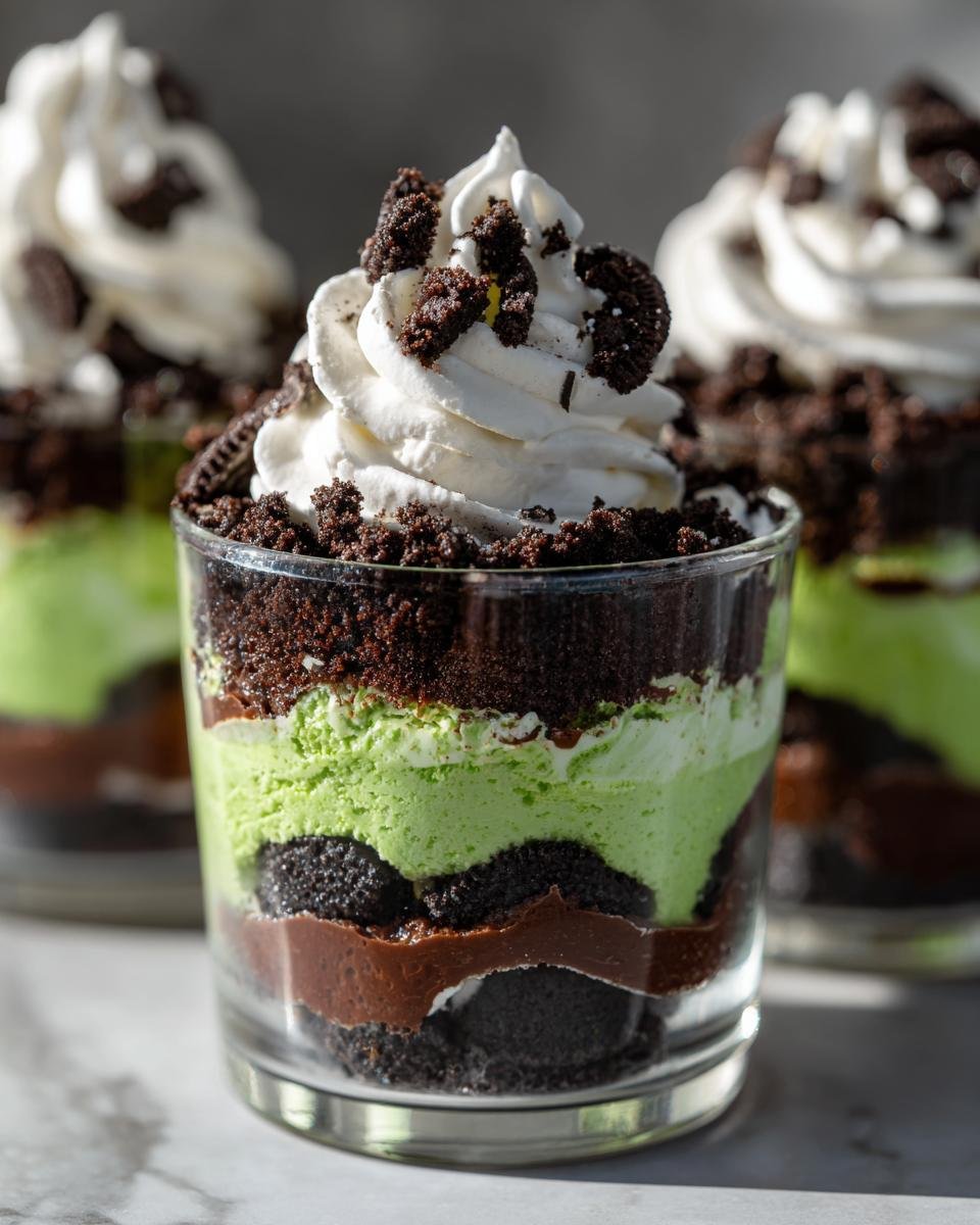 Nahaufnahme eines Ghoulishly Fun Beetlejuice Mini Trifles mit gr&uuml;ner Creme, Schokolade und Oreo-Kr&uuml;meln.