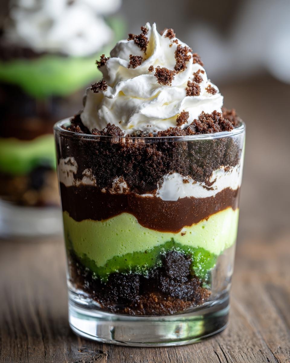 Nahaufnahme eines Ghoulishly Fun Beetlejuice Mini Trifles mit gr&uuml;ner Creme und Schokostreuseln.