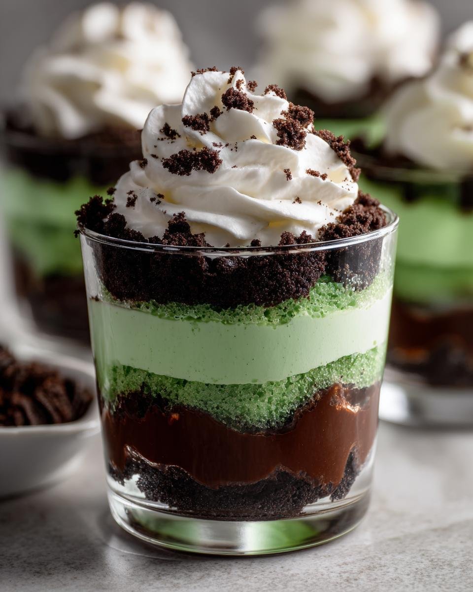 Nahaufnahme eines Ghoulishly Fun Beetlejuice Mini Trifles mit gr&uuml;nen Schichten und Sahnetupfer.