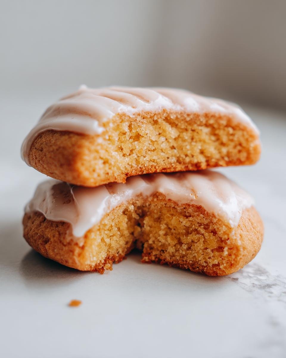 Zwei gestapelte Delightful Gingerbread Cheesecake Cookies, einer davon angebissen, mit wei&szlig;em Zuckerguss.