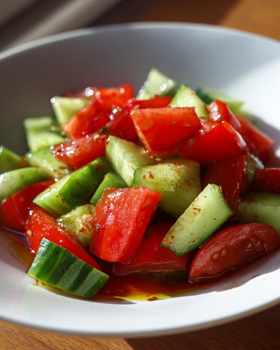 Nahaufnahme eines Sch&uuml;ssel mit Gurken Tomaten Salat Rezept, mariniert in &Ouml;l und Gew&uuml;rzen.