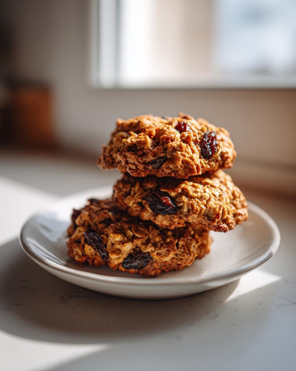 Drei gestapelte Healthy Oatmeal Cookies mit sichtbaren Rosinen auf einem kleinen wei&szlig;en Teller.