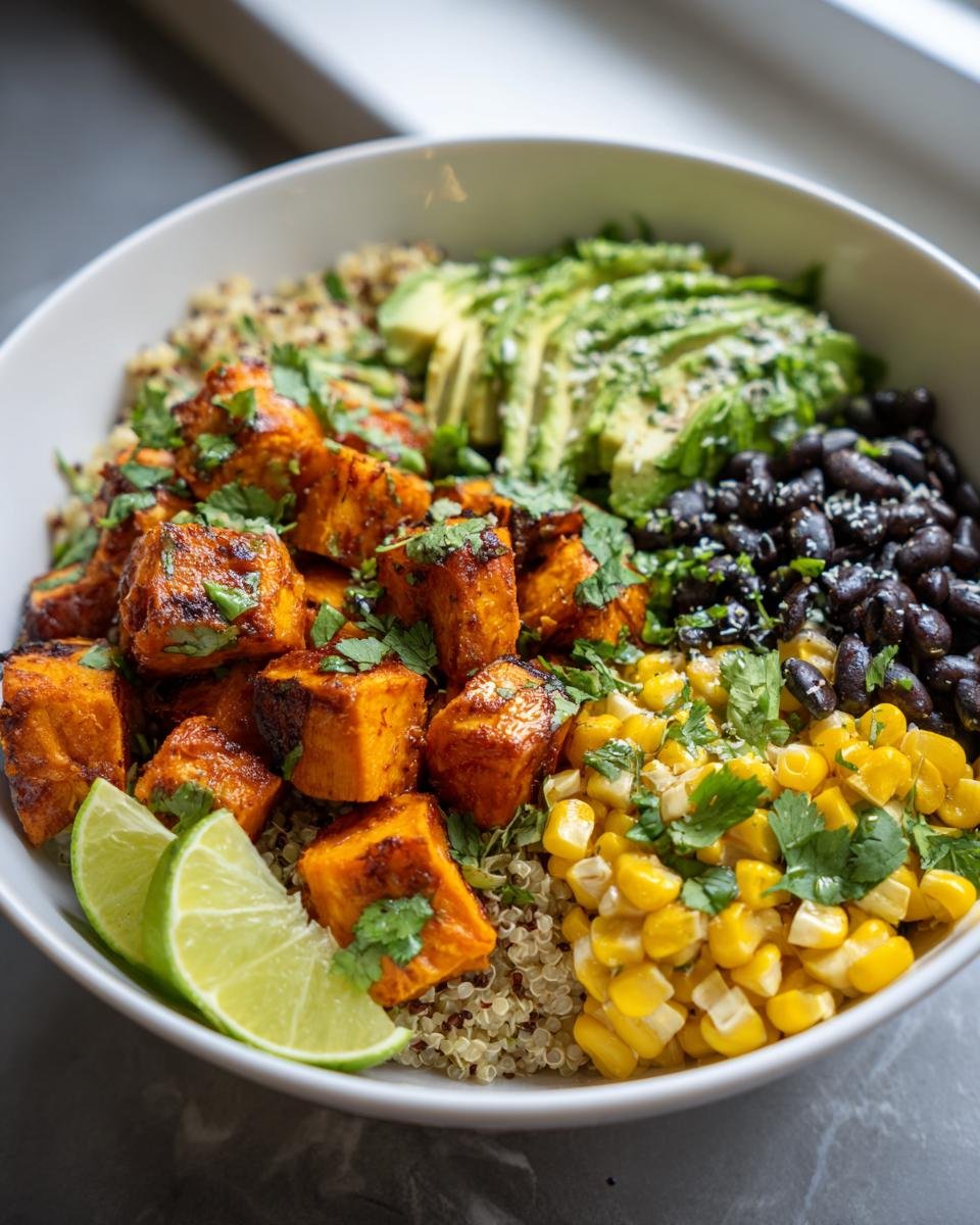 Nahaufnahme einer Healthy Sweet Potato Taco Bowl mit gew&uuml;rzten S&uuml;&szlig;kartoffelw&uuml;rfeln, Avocado und schwarzen Bohnen.