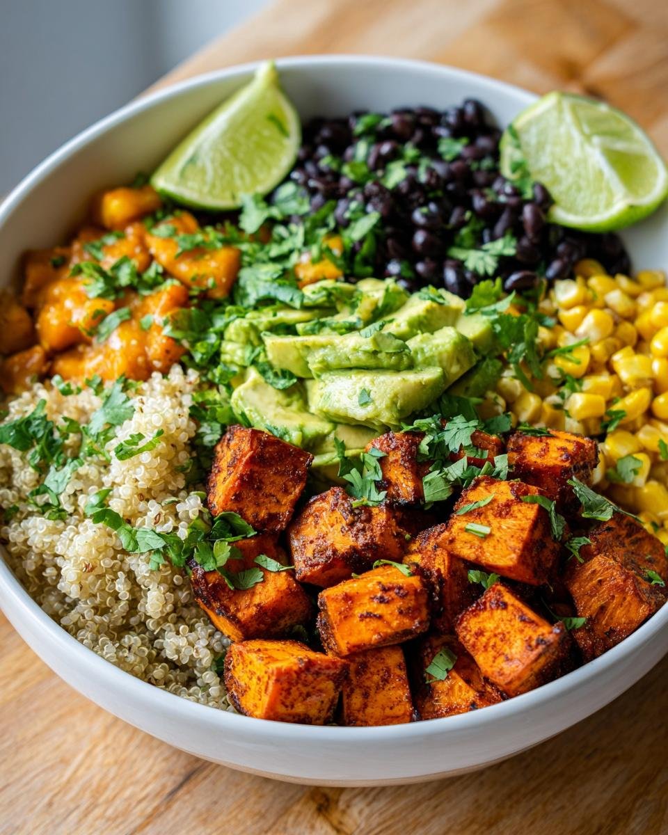 Nahaufnahme einer Healthy Sweet Potato Taco Bowl mit ger&ouml;steten S&uuml;&szlig;kartoffeln, Quinoa, Avocado und schwarzen Bohnen.