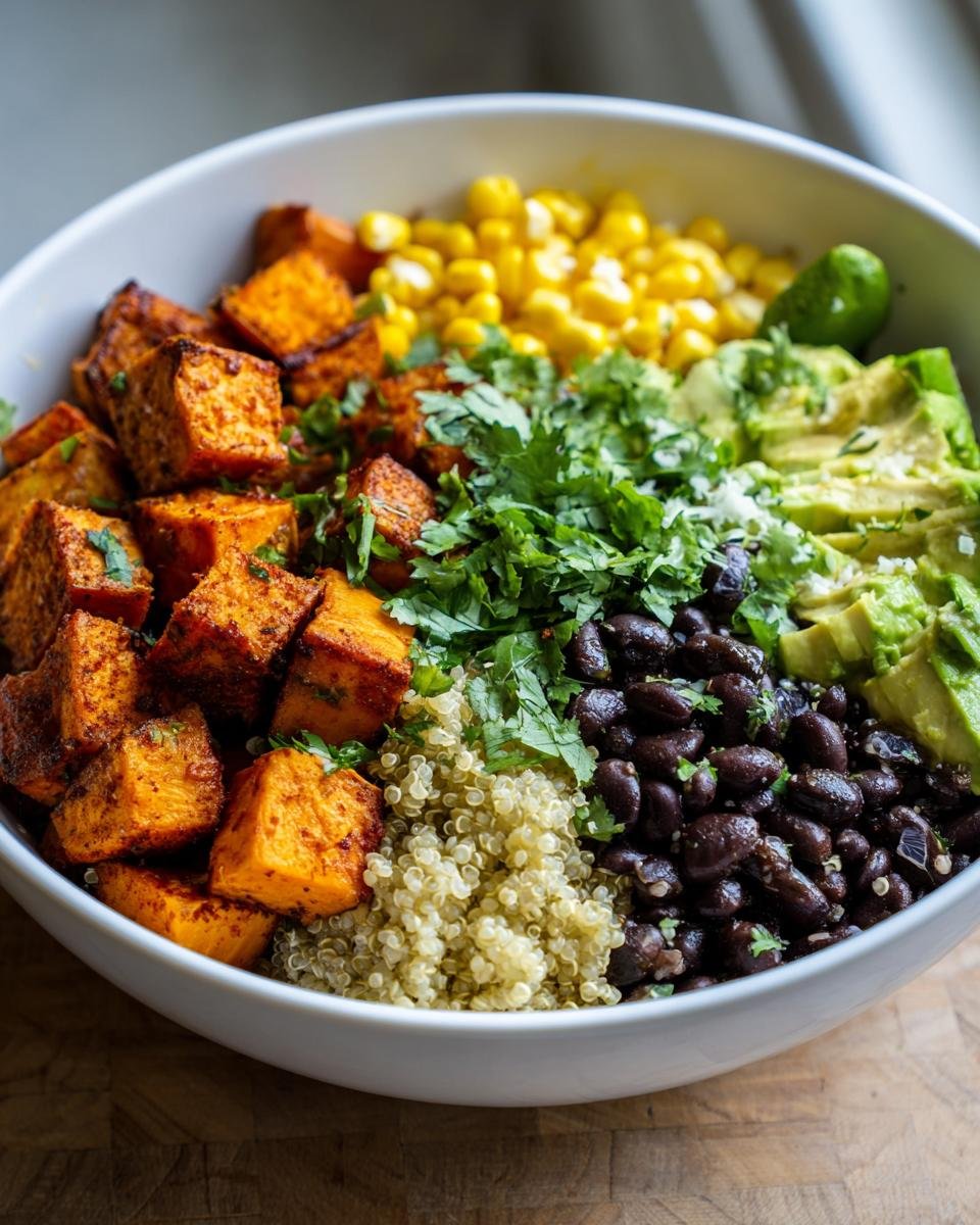 Nahaufnahme einer Healthy Sweet Potato Taco Bowl mit gew&uuml;rzten S&uuml;&szlig;kartoffelw&uuml;rfeln, Quinoa, schwarzen Bohnen und Avocado.