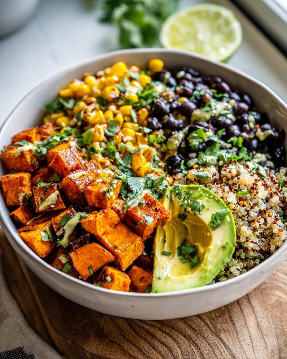 Nahaufnahme einer Healthy Sweet Potato Taco Bowl mit gew&uuml;rfelten S&uuml;&szlig;kartoffeln, schwarzen Bohnen, Mais, Quinoa und Avocado.
