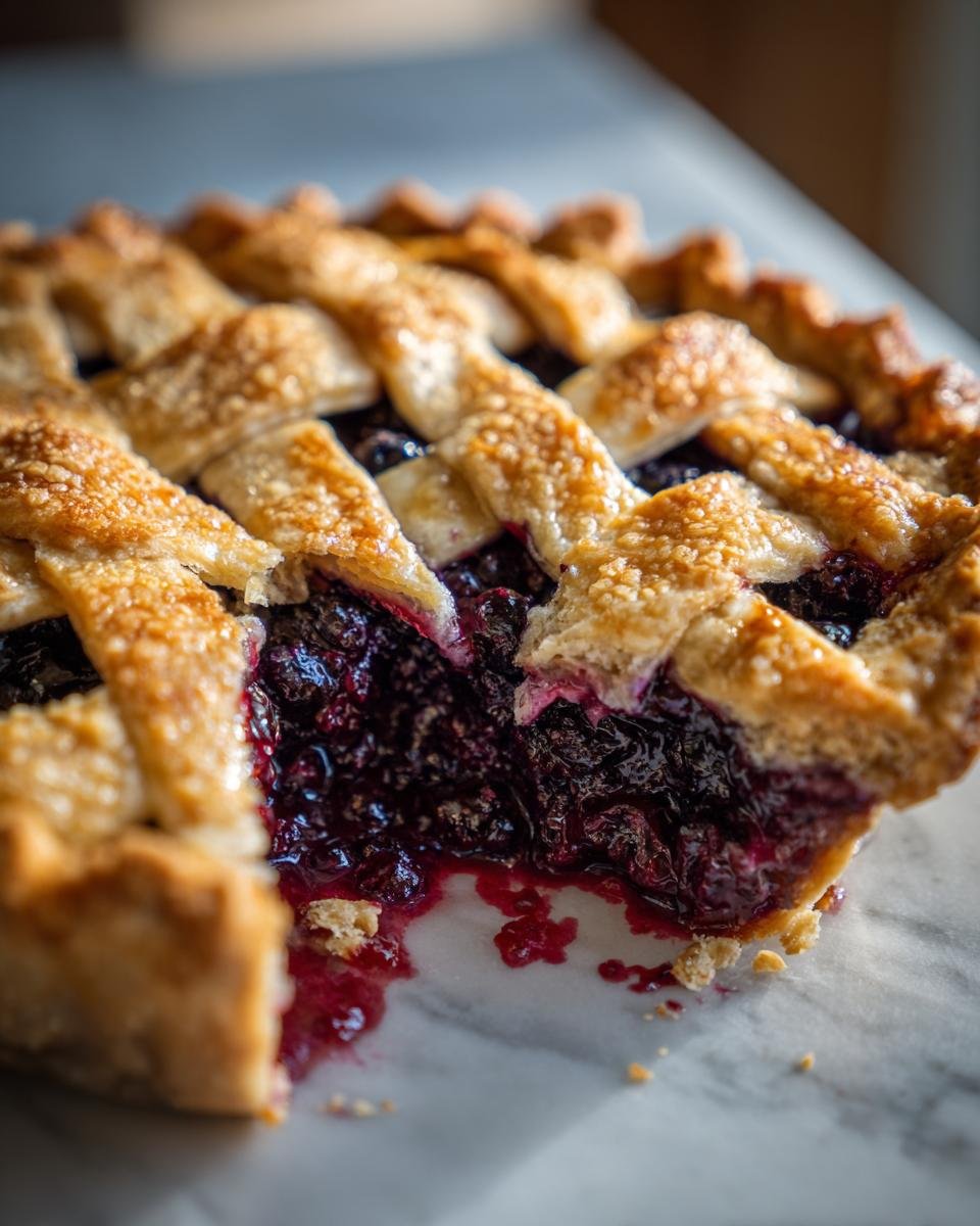 Nahaufnahme eines angeschnittenen unwiderstehlichen selbstgemachten Heidelbeerkuchen mit goldbraunem Gitterdeckel und saftiger F&uuml;llung.