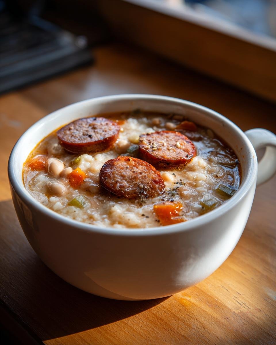 Nahaufnahme einer herzhaften Bohnen Wurst Suppe mit wei&szlig;en Bohnen, Gem&uuml;se und drei Scheiben gebratener Wurst.