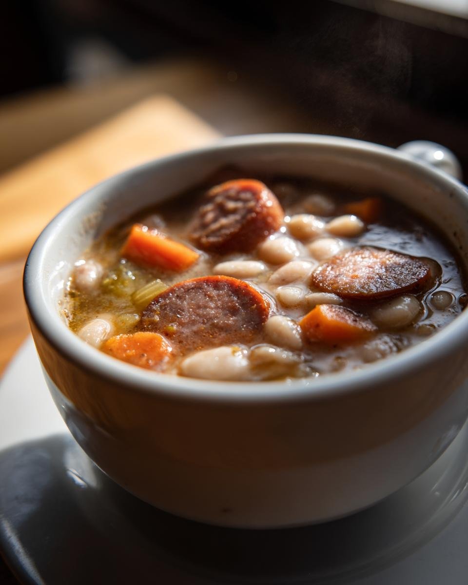 Nahaufnahme einer dampfenden Sch&uuml;ssel mit Herzhafte Bohnen Wurst Suppe, wei&szlig;en Bohnen und Wurstscheiben.