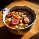 Nahaufnahme einer dampfenden Sch&uuml;ssel mit herzhafter Bohnen Wurst Suppe, gef&uuml;llt mit wei&szlig;en Bohnen, Karotten und Wurstscheiben.