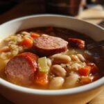 Nahaufnahme einer Sch&uuml;ssel mit herzhafter Bohnen Wurst Suppe, gef&uuml;llt mit wei&szlig;en Bohnen, Karottenst&uuml;cken und dicken Wurstscheiben.