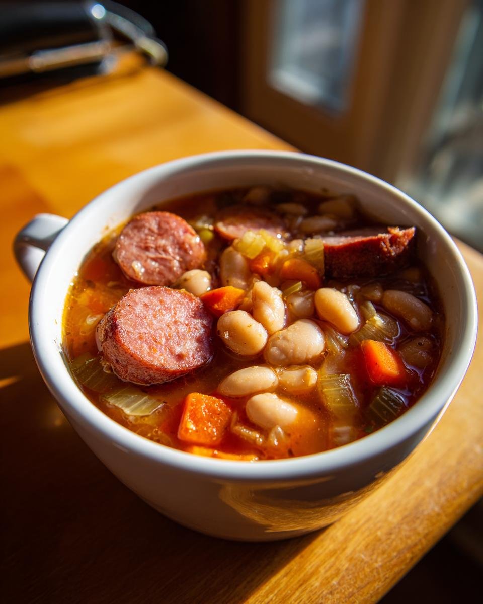 Nahaufnahme einer herzhaften Bohnen Wurst Suppe mit dicken Wurstscheiben und wei&szlig;en Bohnen in einer wei&szlig;en Schale.