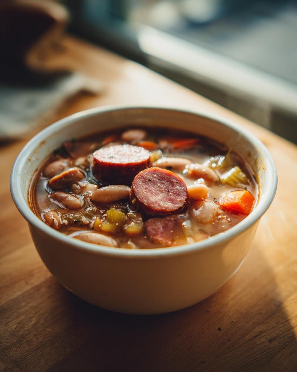Nahaufnahme einer Sch&uuml;ssel mit herzhafter Bohnen Wurst Suppe, belegt mit dicken Wurstscheiben und Gem&uuml;se.