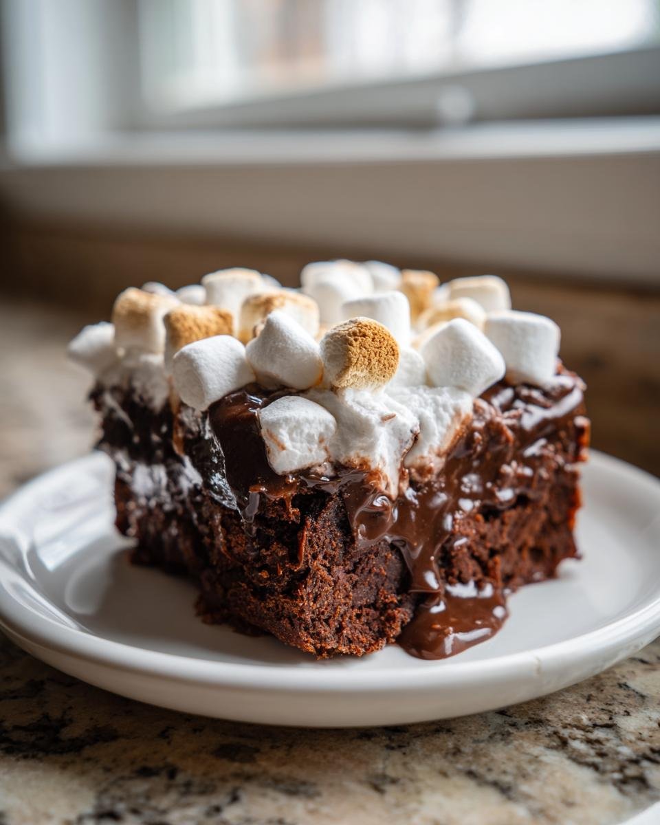 Ein St&uuml;ck des saftigen Irresistible Chocolate Poke Cake With Marshmallow mit geschmolzener Schokolade und ger&ouml;steten Marshmallows.