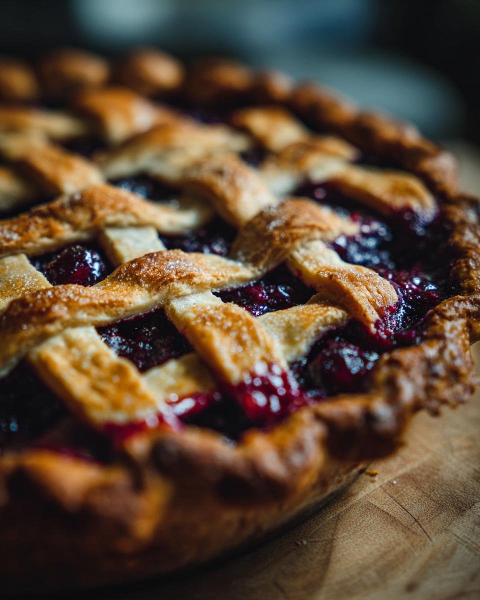 Nahaufnahme eines frisch gebackenen Irresistible Homemade Huckleberry Pie mit Gitterkruste und gl&auml;nzender F&uuml;llung.