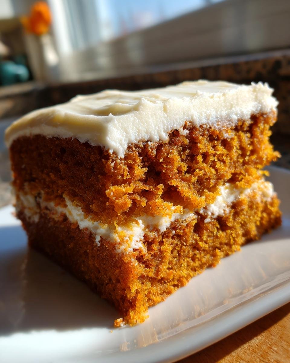 Ein saftiges St&uuml;ck Irresistible Pumpkin Spice Cake mit dicker Schicht wei&szlig;em Frischk&auml;sefrosting auf einem wei&szlig;en Teller.