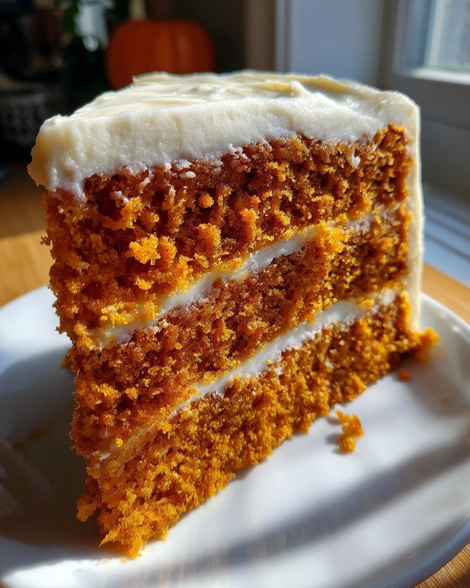 Nahaufnahme eines saftigen St&uuml;cks Irresistible Pumpkin Spice Cake mit dicker Frischk&auml;seglasur.