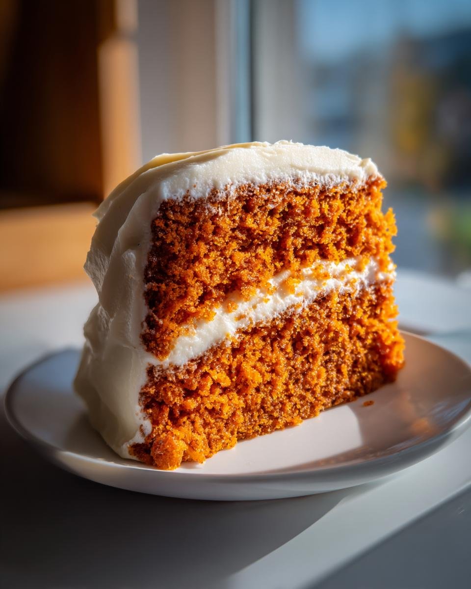 Ein saftiges St&uuml;ck Irresistible Pumpkin Spice Cake mit dicker Schicht wei&szlig;em Frischk&auml;se-Frosting auf einem wei&szlig;en Teller.