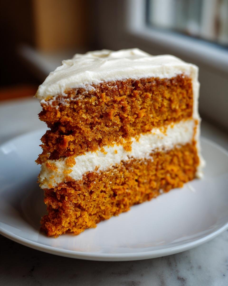 Ein saftiges St&uuml;ck Irresistible Pumpkin Spice Cake mit zwei Schichten K&uuml;rbiskuchen und cremiger Frischk&auml;se-Frosting-F&uuml;llung.