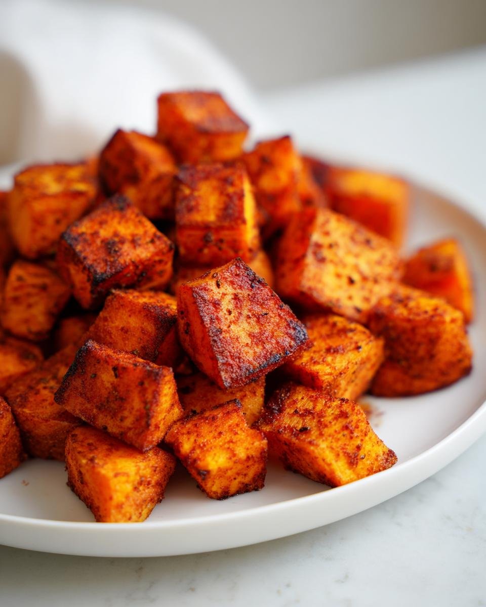 Nahaufnahme von gew&uuml;rzten, ger&ouml;steten S&uuml;&szlig;kartoffel-H&auml;ppchen auf einem wei&szlig;en Teller.