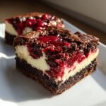 Schnittansicht von Decadent Cherry Cheesecake Brownies Bars mit Schokoboden und Kirschtopping.